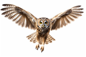 Flying owl on white background