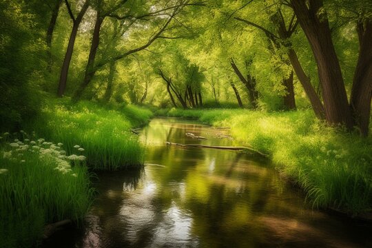 Peaceful stream meandering through beautiful green scenery. Generative AI