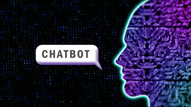 virtual chatbot natural language processing power concept with human face in circuit lines. virtual assistant and support system related animation.