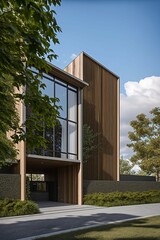 rendering of a modern house with a wooden facade and a large window