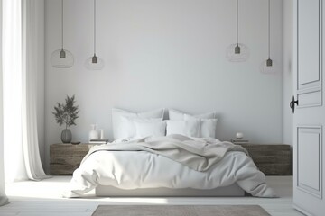 Mock-up home interior with unmade bed, cushions, door, lamp, and alarm clock in a white bedroom. Generative AI