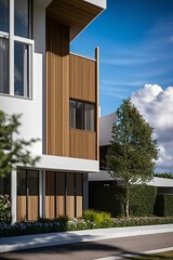 there is a picture of a modern house with a wooden facade