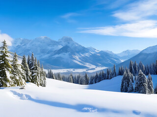 beautiful snowy landscape with the mountains, snowy forest and fir branches