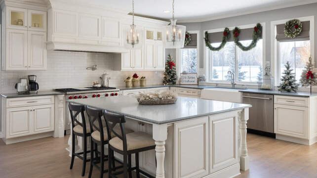interior of new luxury white kitchen with christmas tree and fireplace  generativa IA