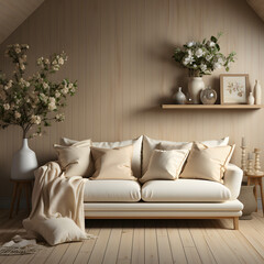 Cream color sofa with many pillows near wooden paneling wall with shelves. Scandinavian interior design of modern stylish living room