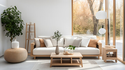 Cubic wooden coffee table between white sofa and armchairs. Scandinavian style home interior design of modern living room
