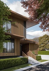 there is a picture of a modern house with a wooden front