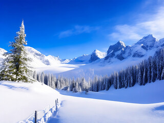 beautiful snowy landscape with the mountains, snowy forest and fir branches