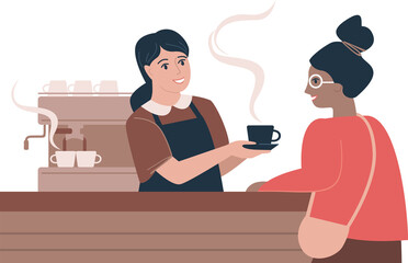 Girl barista serving hot coffee for customer in a coffee house - 664917380