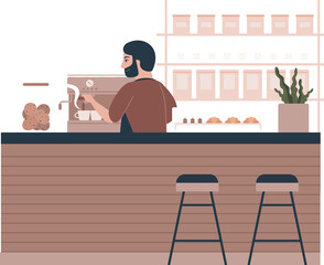 Male Barista Making Coffee standing behind cafe counter