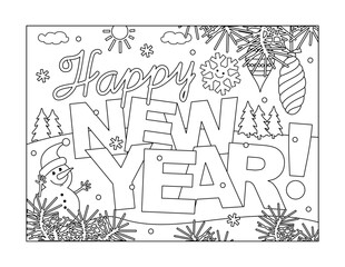 Coloring page with "Happy New Year!" greeting
