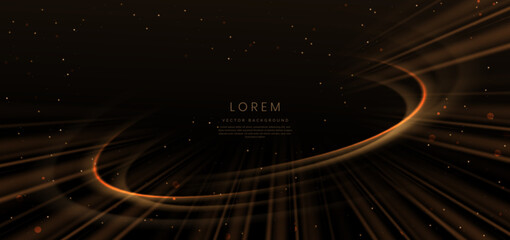 Abstract luxury golden curved lines overlapping on dark brown background with lighting effect and sprkle. Template premium award design. © Pramote