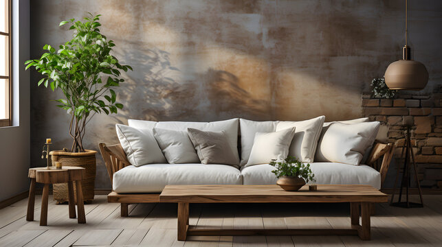 eige loveseat sofa in small room. Interior design of modern rustic living room
