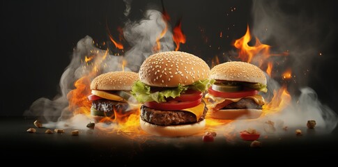Delicious burger with fire and smoke effects. Generative AI