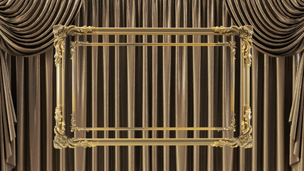 3D render of golden frame on a gold curtain silk background,