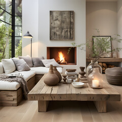Fireplace against white sofa and rustic wooden coffee table. Scandinavian style home interior design of modern living room