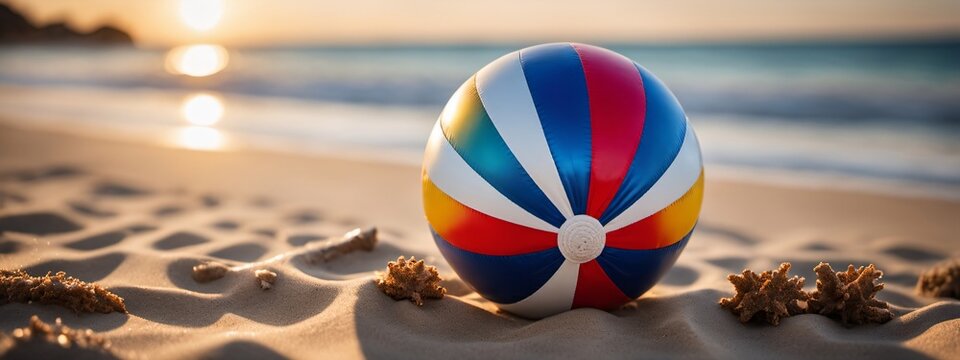 Nahaufnahme eines Strandballs, der an einem sandigen Strand gefunden wurde im Bannerformat.