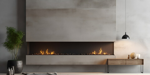 Fireplace in room with concrete wall. Loft minimalist style home interior design of modern living room with tv, panorama