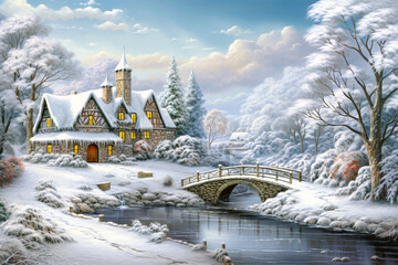 Winter landscape with cottage in the snow