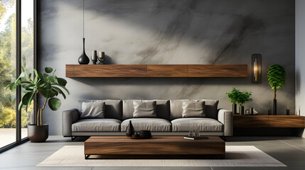Gray sofa near wooden paneling wall and tv unit. Loft interior design of modern living room with concrete wall