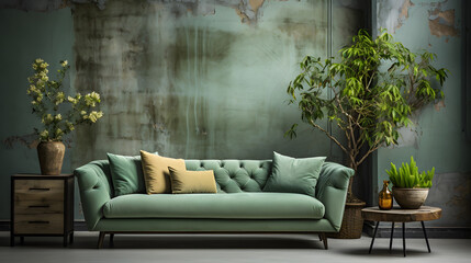 Green sofa against grunge distressed painted stucco wall and wooden decorative tree trunk. Minimalist home interior design of modern living room