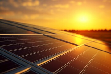 Close-up rendering of a solar panel in a yellow sunset, representing renewable energy, technology, electricity, greenness, and eco-friendliness. Generative AI