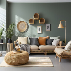 Grey sofa with colorful cushions against green wall with rattan vases, scandinavian home interior design of modern living room
