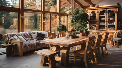 Handmade wooden log furniture, dining table and chairs in spacious room. Interior design of modern living room