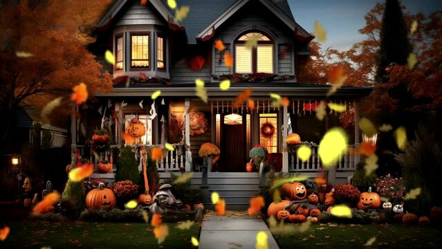 haunted house in the village, seamless looping video background animation, cartoon anime style