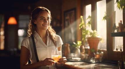 A Happy Young Restaurant Worker Enjoying Their Job with a Smile