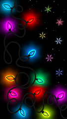 Winter illustration with colorful lights and snowflakes.