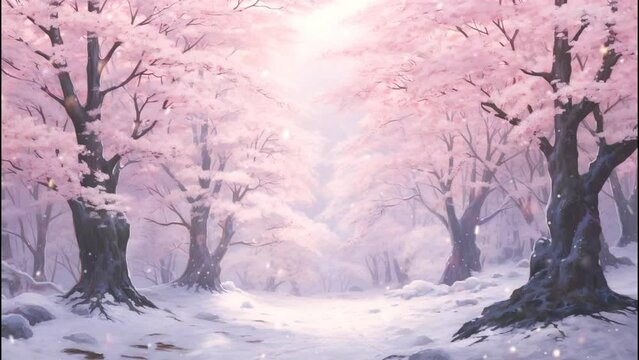 winter landscape with pink trees forest with snowfall motion video