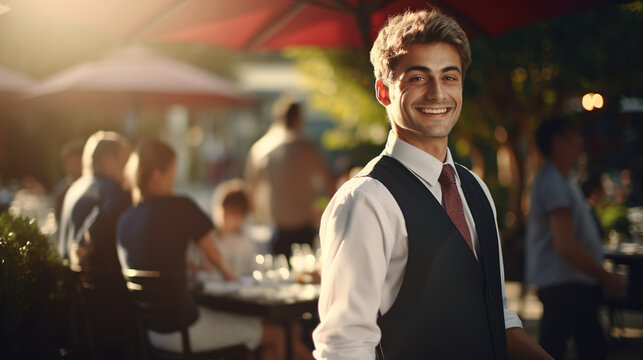A Happy Young Restaurant Worker Enjoying Their Job with a Smile