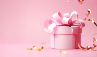 pink gift box with ribbon and confetti. Generative AI