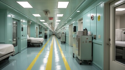 a spacious corridor in a modern hospital with medical equipment and patient beds