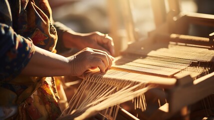 Celebrating Modern Traditional Heritage Craft, Close-Up of Hands Weaving a Colorful Textile on a Wooden Loom with Copy Space for Creative Expressions
