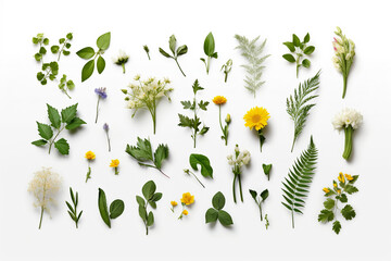 assortment of leaves and flowers on white background. variety of fresh herbs. Generative AI