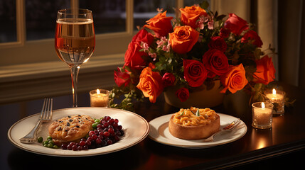 Champagne and beautiful rose bouquet. Romantic date, candle light dinner setting