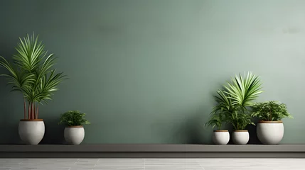 Foto op Plexiglas Interior background of room with empty green stucco wall and plant stand 3d rendering © master graphics 
