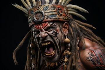 Warrior in tribal costume, screaming with raised weapon.