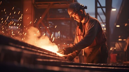 A working man, a metallurgist in a helmet at a metallurgical plant in the process of work.