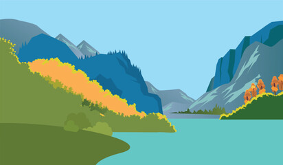 Mountains, lake and woods background: travel and nature concept