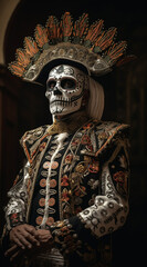 Day of the Dead Celebration: Traditional Skeleton Outfit in Historical Drama Style