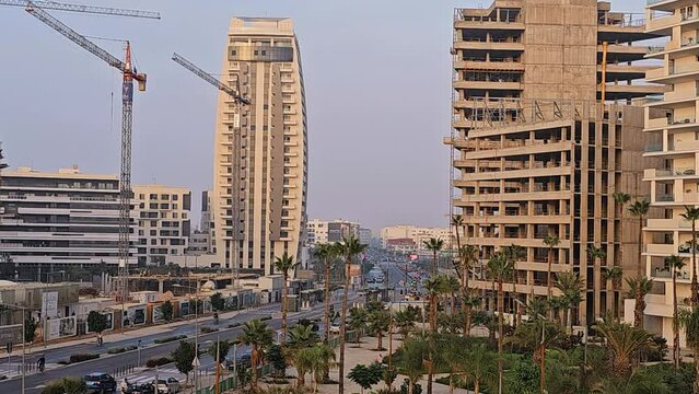 view of capital tower and other buildings in Casablanca Finance City (CFC) the economic and financial center located in Casablanca