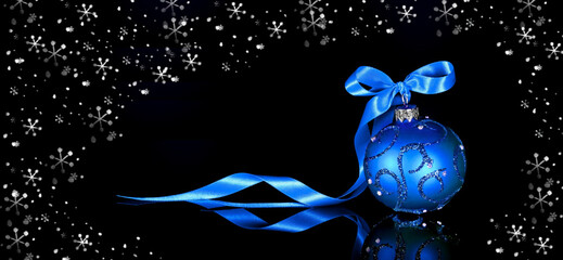 Creative winter illustration in decorative style with snowflakes and blue decorative ball