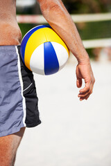 Beach volleyball, hands and sports person with ball for outdoor game, competition or tournament challenge. Practice, nature sand and closeup athlete ready for fitness, exercise or training workout