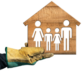 Close-up of a hand with protective work glove holding a small wooden house with a symbol of a family. Isolated on a white or transparent background. Png.