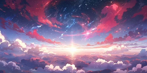 Foto op Plexiglas Fantasie landschap Colorful Starry Sky with Sunset Background in Anime Style