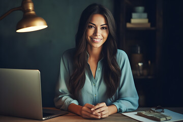 Fototapeta na wymiar Frau mit braunen Haaren, Laptop, in einem Boho Büro, Lampe