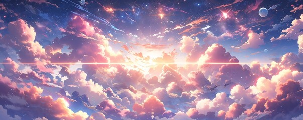 Colorful Starry Sky with Sunset Background in Anime Style - obrazy, fototapety, plakaty